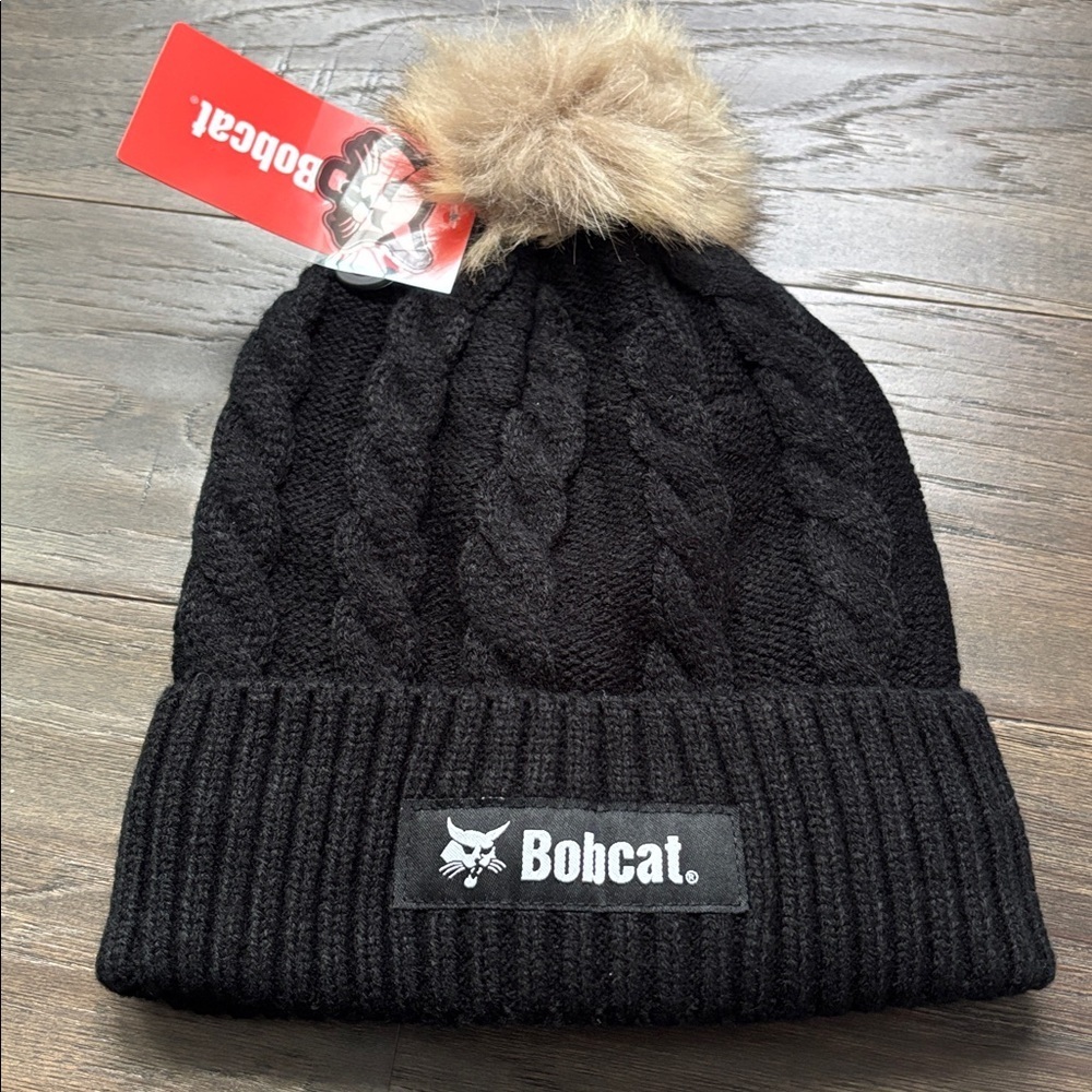 Bobcat Cable Knit,Sherpa lined pom-pom,cuffed beanie,winter hat,black patch logo